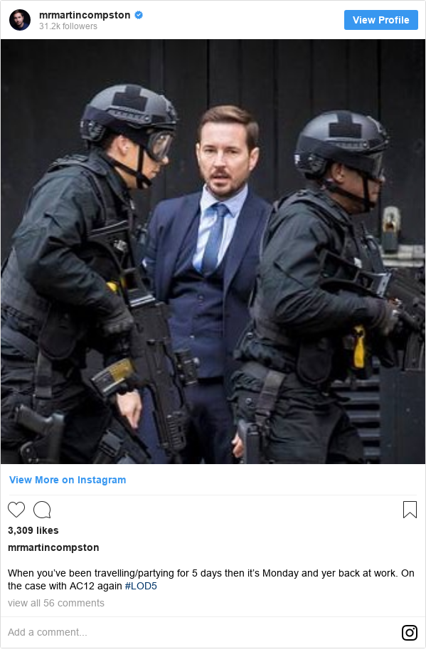 Instagram post by mrmartincompston: When you’ve been travelling/partying for 5 days then it’s Monday and yer back at work. On the case with AC12 again #LOD5