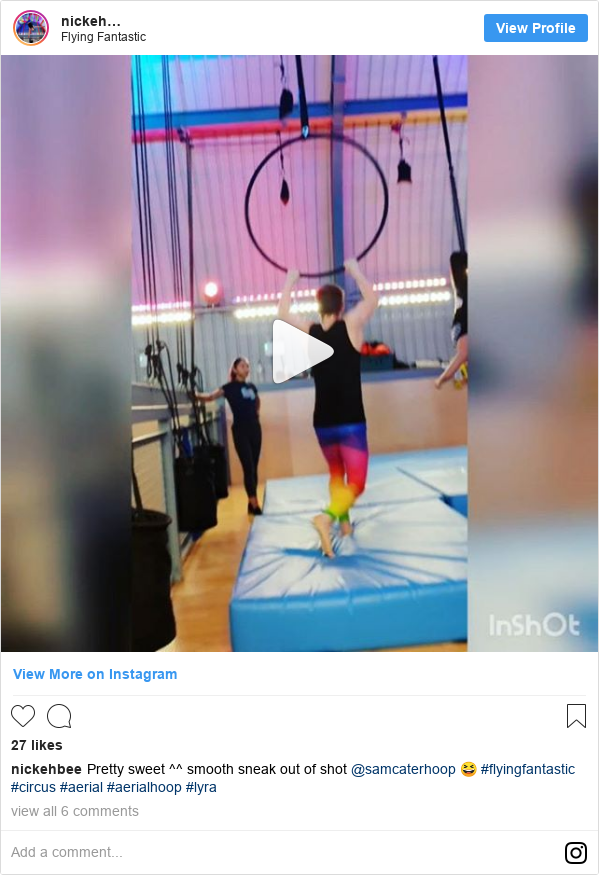 Instagram post by nickehbee: Pretty sweet ^^ smooth sneak out of shot @samcaterhoop 😆 #flyingfantastic #circus #aerial #aerialhoop #lyra