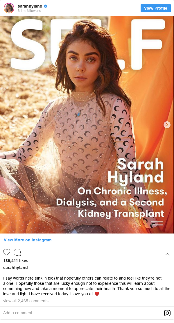 Instagram post by sarahhyland: I say words here (link in bio) that hopefully others can relate to and feel like they’re not alone. Hopefully those that are lucky enough not to experience this will learn about something new and take a moment to appreciate their health. Thank you so much to all the love and light I have received today. I love you all ❤️