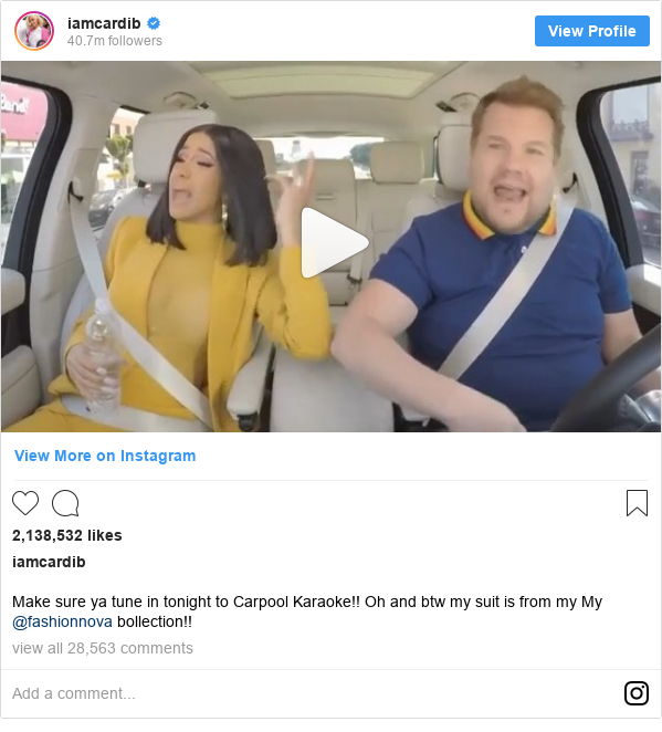 Instagram post by iamcardib: Make sure ya tune in tonight to Carpool Karaoke!! Oh and btw my suit is from my My @fashionnova bollection!!