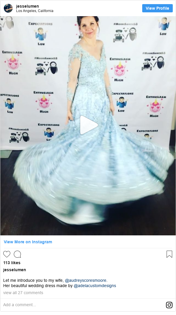 Instagram post by jesselumen: Let me introduce you to my wife, @audreyscoresmoore.
Her beautiful wedding dress made by @adelacustomdesigns