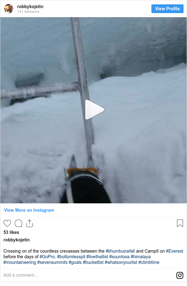 Instagram post by robbykojetin: Crossing on of the countless crevasses between the #khumbuicefall and CampII on #Everest before the days of #GoPro. #bottomlesspit #livethatlist #suuntosa #himalaya #mountaineering #sevensummits #goals #bucketlist #whatsonyourlist #climbtime