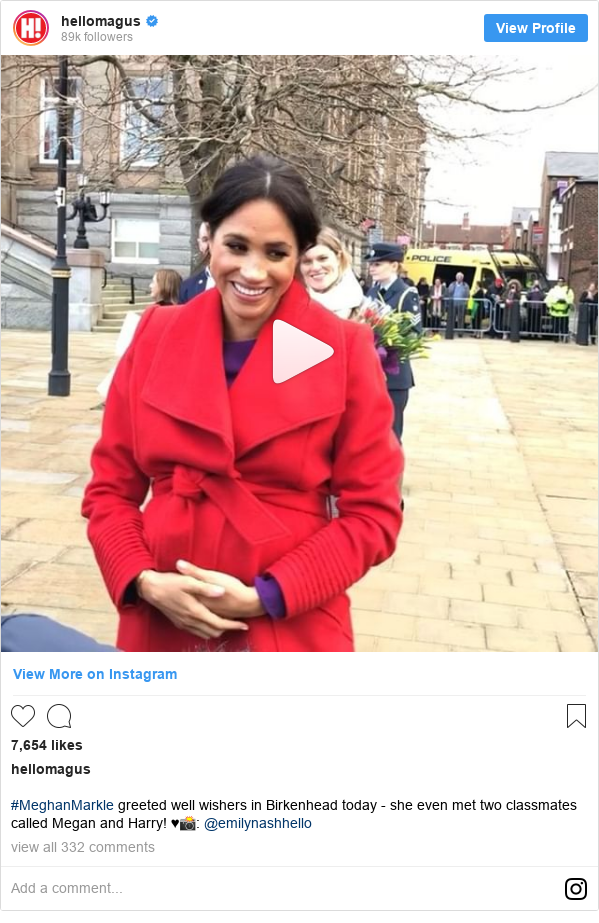 Instagram post by hellomagus: #MeghanMarkle greeted well wishers in Birkenhead today - she even met two classmates called Megan and Harry! ♥️📸  @emilynashhello