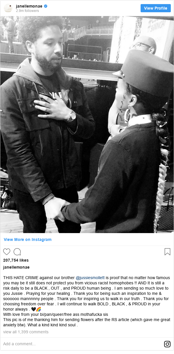 Instagram post by janellemonae: THIS HATE CRIME against our brother @jussiesmollett is proof that no matter how famous you may be it still does not protect you from vicious racist homophobes !! AND It is still a risk daily to be a BLACK , OUT , and PROUD human being . I am sending so much love to you Jussie . Praying for your healing . Thank you for being such an inspiration to me & soooooo mannnnny people . Thank you for inspiring us to walk in our truth . Thank you for choosing freedom over fear . I will continue to walk BOLD , BLACK , & PROUD in your honor always . 🖤🌈
With love from your bi/pan/queer/free ass mothafucka sis 
This pic is of me thanking him for sending flowers after the RS article (which gave me great anxiety btw). What a kind kind kind soul .