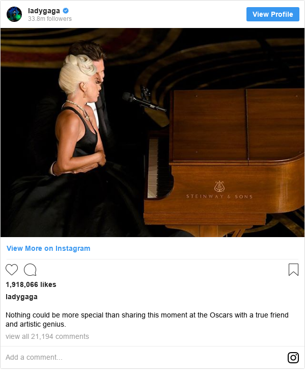 Instagram post by ladygaga: Nothing could be more special than sharing this moment at the Oscars with a true friend and artistic genius.