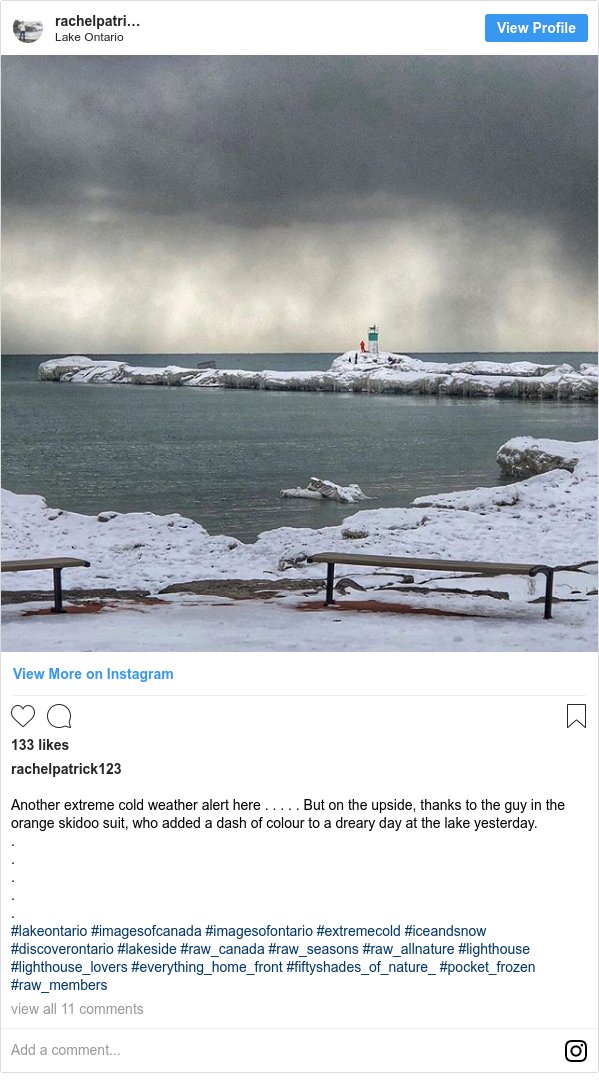 Instagram post by rachelpatrick123: Another extreme cold weather alert here . . . . . But on the upside, thanks to the guy in the orange skidoo suit, who added a dash of colour to a dreary day at the lake yesterday.
.
.
.
.
.
#lakeontario #imagesofcanada #imagesofontario #extremecold #iceandsnow #discoverontario #lakeside #raw_canada #raw_seasons #raw_allnature #lighthouse #lighthouse_lovers #everything_home_front #fiftyshades_of_nature_ #pocket_frozen #raw_members