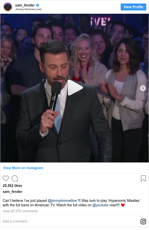 Instagram post by sam_fender: Can’t believe I’ve just played @jimmykimmellive !!! Was lush to play ‘Hypersonic Missiles’ with the full band on American TV. Watch the full video on @youtube now!!!! ❤️