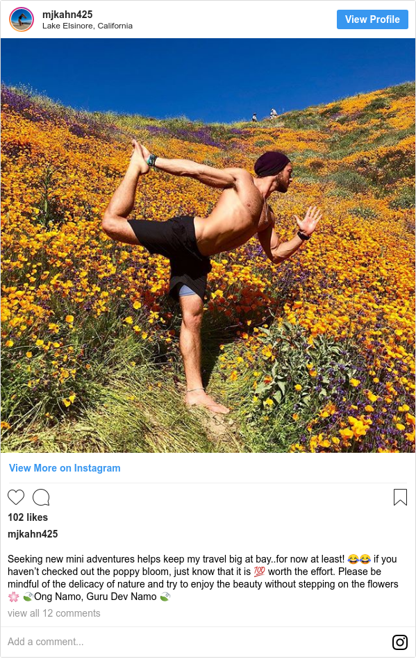 Instagram post by mjkahn425: Seeking new mini adventures helps keep my travel big at bay..for now at least! 😂😂 if you haven’t checked out the poppy bloom, just know that it is 💯 worth the effort. Please be mindful of the delicacy of nature and try to enjoy the beauty without stepping on the flowers 🌸 🍃Ong Namo, Guru Dev Namo 🍃