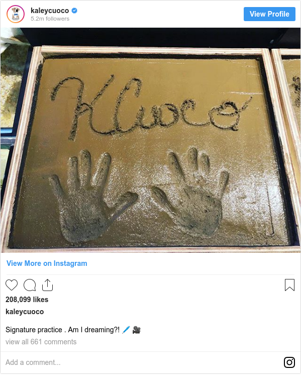 Instagram post by kaleycuoco: Signature practice . Am I dreaming?! 🖊 🎥