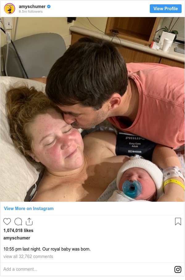 Instagram post by amyschumer: 10 55 pm last night. Our royal baby was born.