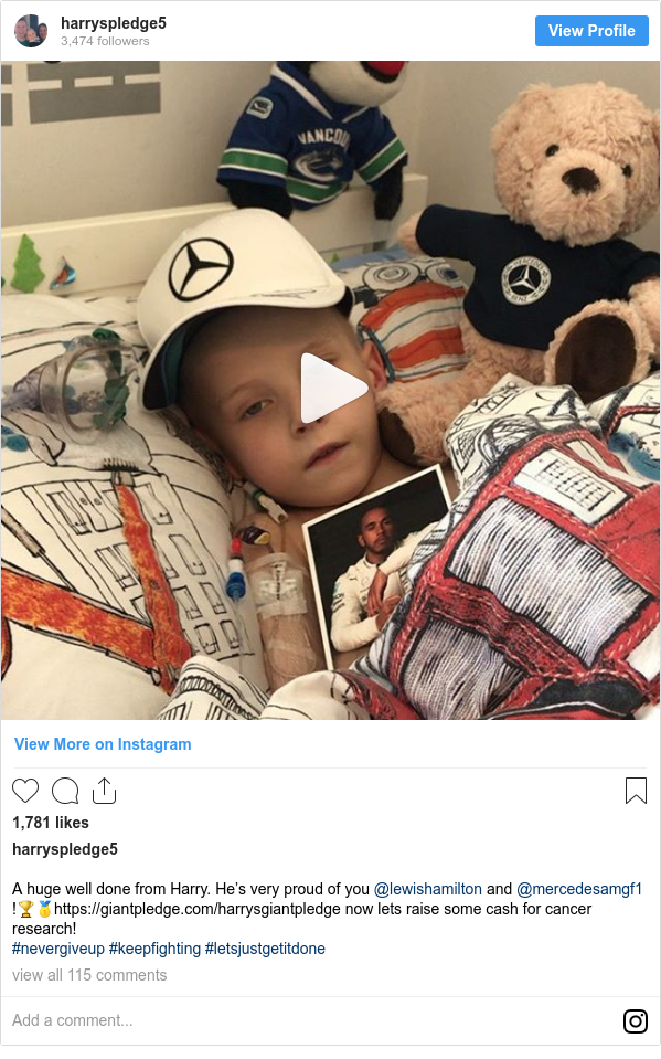 Instagram post by harryspledge5: A huge well done from Harry. He’s very proud of you @lewishamilton and @mercedesamgf1 !🏆🥇https //giantpledge.com/harrysgiantpledge now lets raise some cash for cancer research!
#nevergiveup #keepfighting #letsjustgetitdone