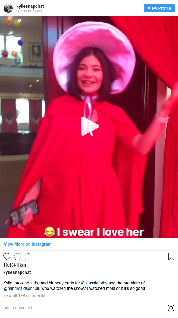Instagram post by kyliesnapchat: Kylie throwing a themed birthday party for @stassiebaby and the premiere of @handmaidsonhulu who watched the show? I watched most of it it’s so good