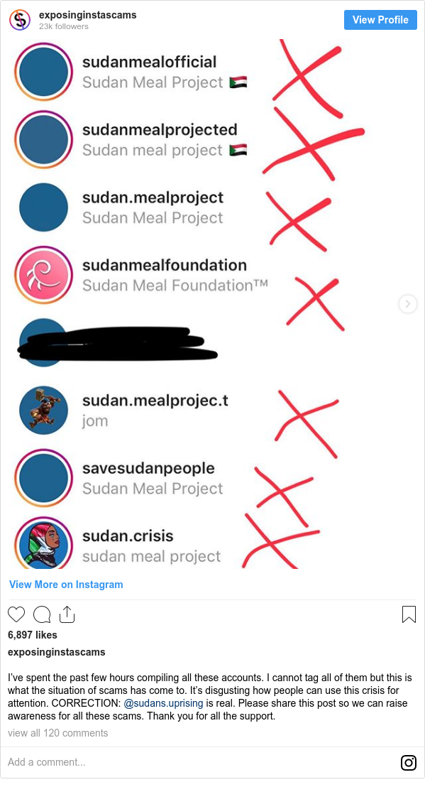Instagram post by exposinginstascams: I’ve spent the past few hours compiling all these accounts. I cannot tag all of them but this is what the situation of scams has come to. It’s disgusting how people can use this crisis for attention. CORRECTION  @sudans.uprising is real. Please share this post so we can raise awareness for all these scams. Thank you for all the support.