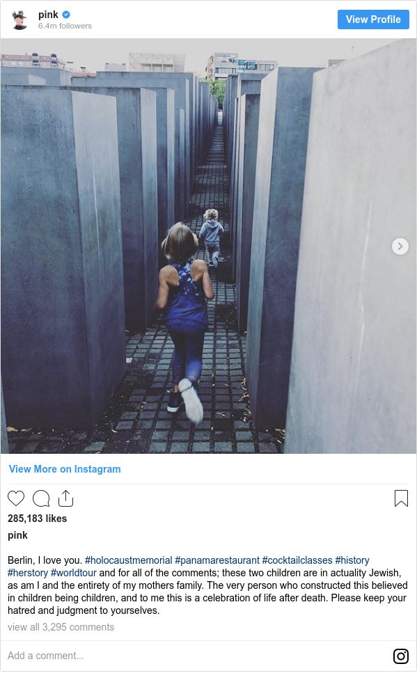 Instagram post by pink: Berlin, I love you. #holocaustmemorial #panamarestaurant #cocktailclasses #history #herstory #worldtour and for all of the comments; these two children are in actuality Jewish, as am I and the entirety of my mothers family. The very person who constructed this believed in children being children, and to me this is a celebration of life after death. Please keep your hatred and judgment to yourselves.