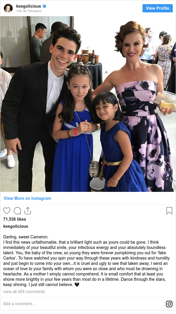 Instagram post by keegolicious: Darling, sweet Cameron. 
I find this news unfathomable, that a brilliant light such as yours could be gone. I think immediately of your beautiful smile, your infectious energy and your absolutely boundless talent. You, the baby of the crew, so young they were forever pumpkining you out for ‘fake Carlos’. To have watched you spin your way through these years with kindness and humility and just begin to come into your own...it is cruel and ugly to see that taken away. I send an ocean of love to your family with whom you were so close and who must be drowning in heartache. As a mother I simply cannot comprehend. It is small comfort that at least you shone more brightly in your few years than most do in a lifetime. Dance through the stars, keep shining. I just still cannot believe. 🖤