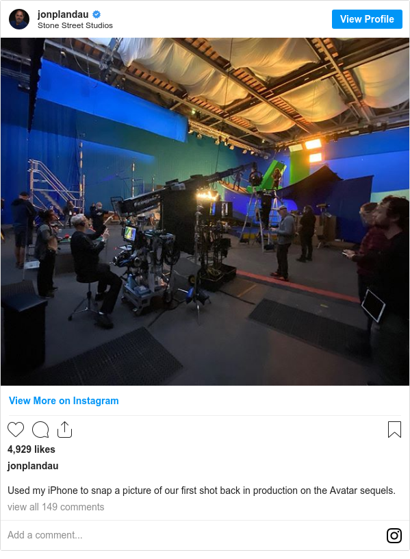 Instagram post by jonplandau: Used my iPhone to snap a picture of our first shot back in production on the Avatar sequels.