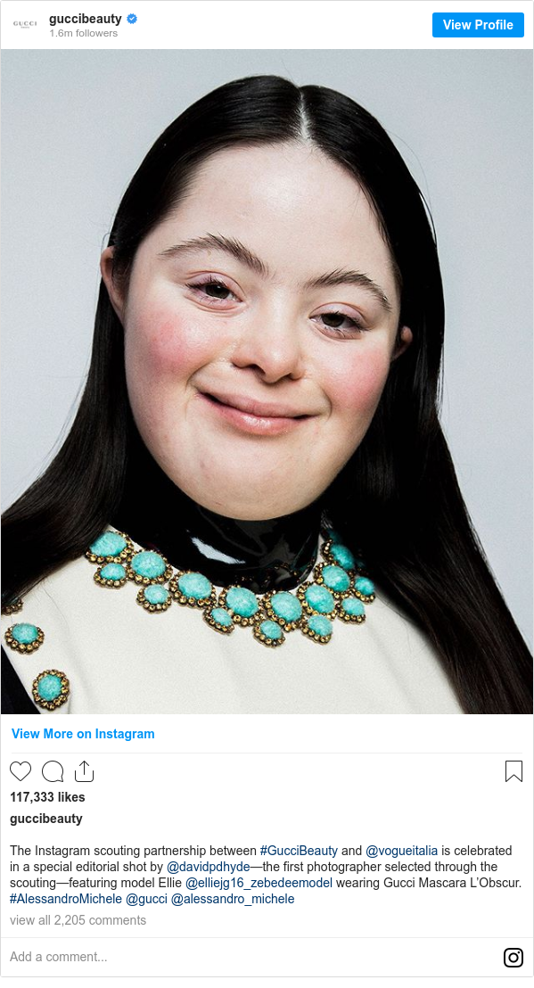 Instagram post by guccibeauty: The Instagram scouting partnership between #GucciBeauty and @vogueitalia is celebrated in a special editorial shot by @davidpdhyde—the first photographer selected through the scouting—featuring model Ellie @elliejg16_zebedeemodel wearing Gucci Mascara L’Obscur. #AlessandroMichele @gucci @alessandro_michele