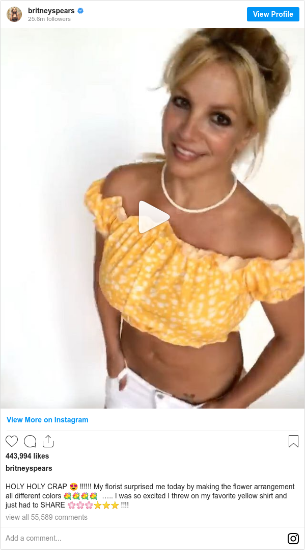 Instagram post by britneyspears: HOLY HOLY CRAP 😍 !!!!!! My florist surprised me today by making the flower arrangement all different colors 💐💐💐💐  ….. I was so excited I threw on my favorite yellow shirt and just had to SHARE 🌸🌸🌸⭐️⭐️⭐️ !!!!