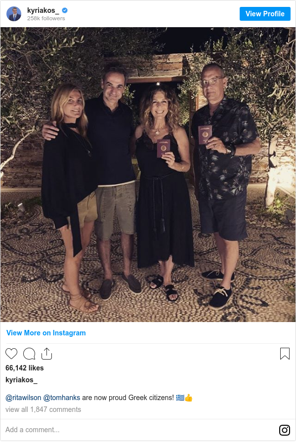 Instagram post by kyriakos_: @ritawilson @tomhanks are now proud Greek citizens! 🇬🇷👍