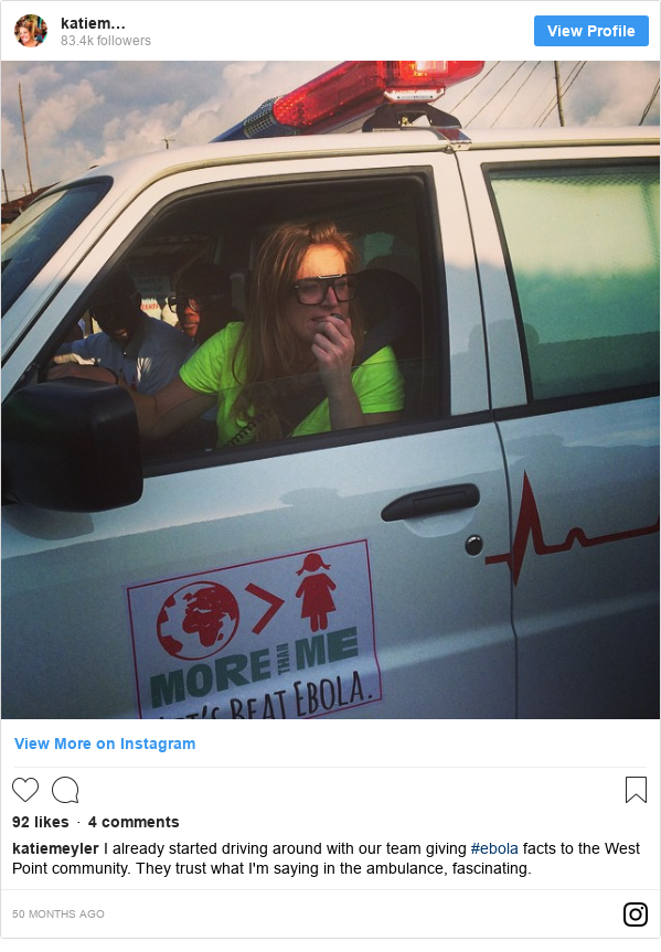 Instagram post by katiemeyler: I already started driving around with our team giving #ebola facts to the West Point community. They trust what I'm saying in the ambulance, fascinating.
