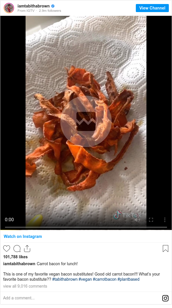 Instagram post by iamtabithabrown: This is one of my favorite vegan bacon substitutes! Good old carrot bacon!!! What’s your favorite bacon substitute?? #tabithabrown #vegan #carrotbacon #plantbased