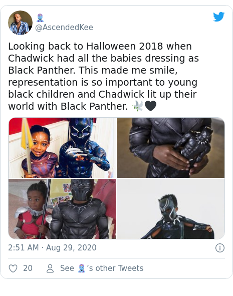 Twitter post by @AscendedKee: Looking back to Halloween 2018 when Chadwick had all the babies dressing as Black Panther. This made me smile, representation is so important to young black children and Chadwick lit up their world with Black Panther. 🕊🖤 