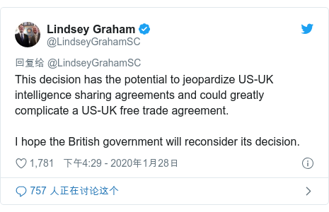 Twitter �û��� @LindseyGrahamSC: This decision has the potential to jeopardize US-UK intelligence sharing agreements and could greatly complicate a US-UK free trade agreement. I hope the British government will reconsider its decision.