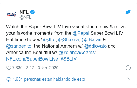 Publicación de Twitter por @NFL: Watch the Super Bowl LIV Live visual album now & relive your favorite moments from the @Pepsi Super Bowl LIV Halftime show w/ @JLo, @Shakira, @JBalvin & @sanbenito, the National Anthem w/ @ddlovato and America the Beautiful w/ @YolandaAdams     #SBLIV