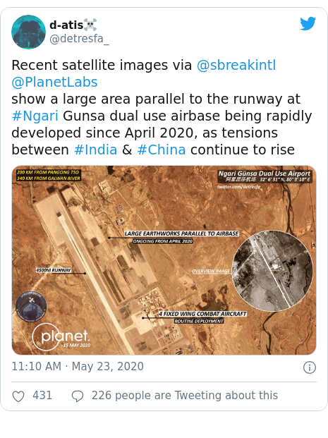 Twitter post by @detresfa_: Recent satellite images via @sbreakintl @PlanetLabsshow a large area parallel to the runway at #Ngari Gunsa dual use airbase being rapidly developed since April 2020, as tensions between #India & #China continue to rise 