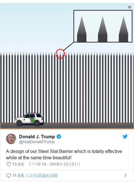 Twitter 用戶名 @realDonaldTrump: A design of our Steel Slat Barrier which is totally effective while at the same time beautiful! 