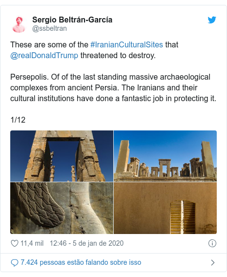 Twitter post de @ssbeltran: These are some of the #IranianCulturalSites that @realDonaldTrump threatened to destroy.Persepolis. Of of the last standing massive archaeological complexes from ancient Persia. The Iranians and their cultural institutions have done a fantastic job in protecting it.1/12 