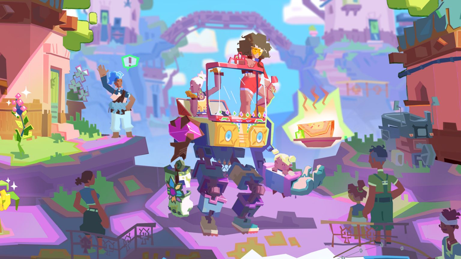 A colorful, cartoon town with purple streets and brightly coloured buildings populated by simply drawn characters. In the centre a female character stands atop a giant, bipedal robot piloted by a second female character.