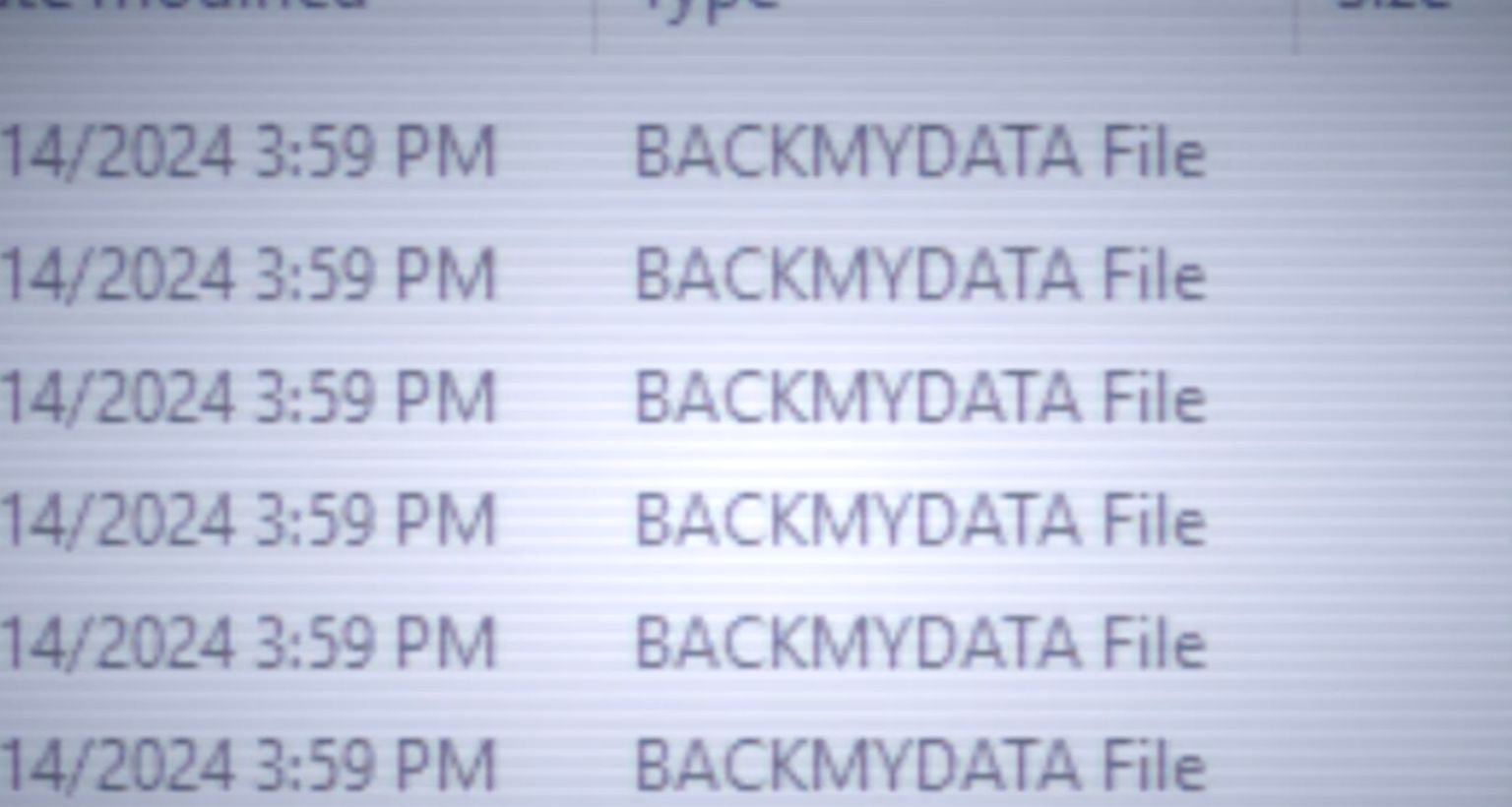 一张截图,显示许多电脑文件,档案类型均为 BACKMYDATA。