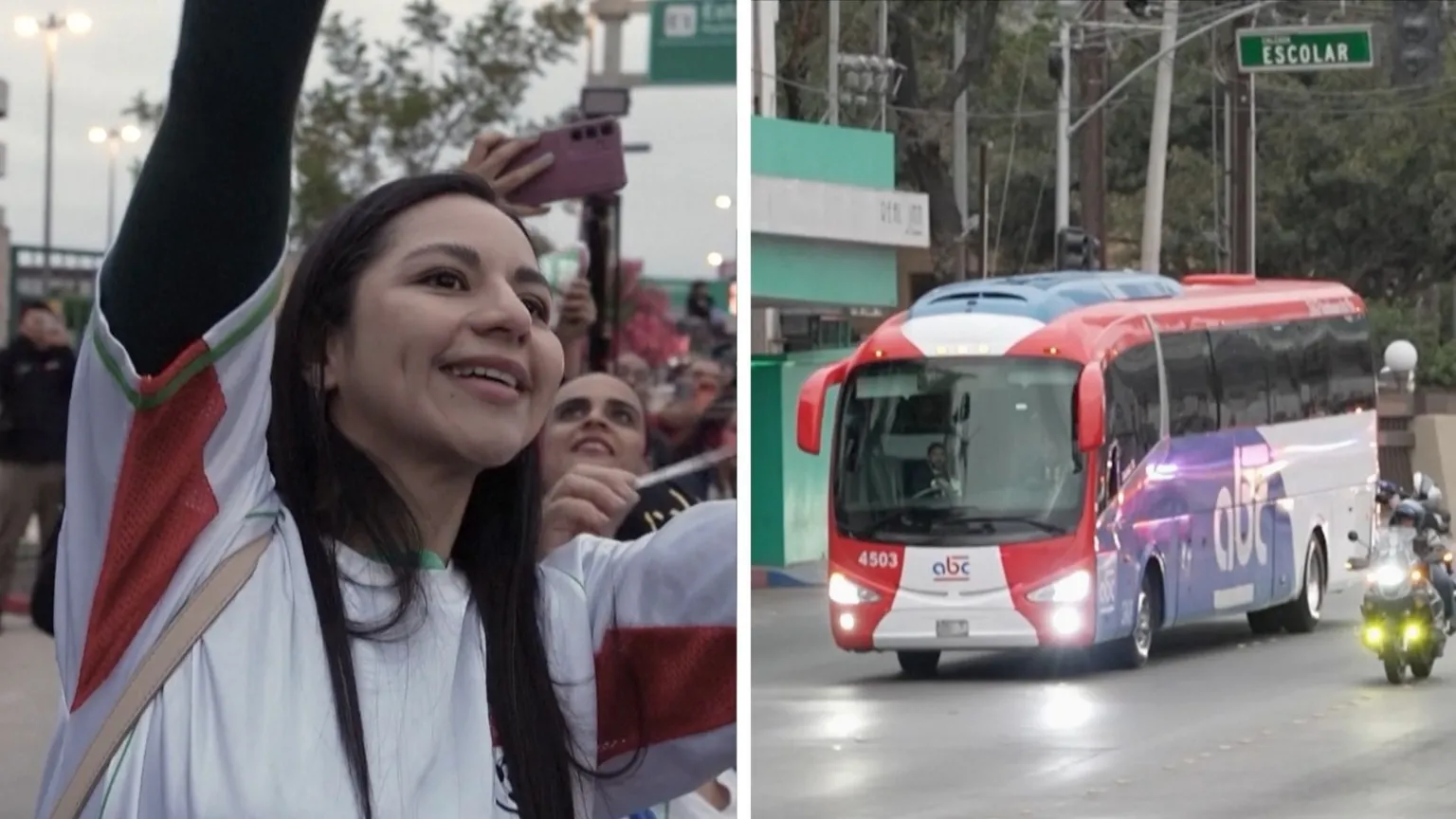 Players cheer as a bus carrying the Iranian football team arrives