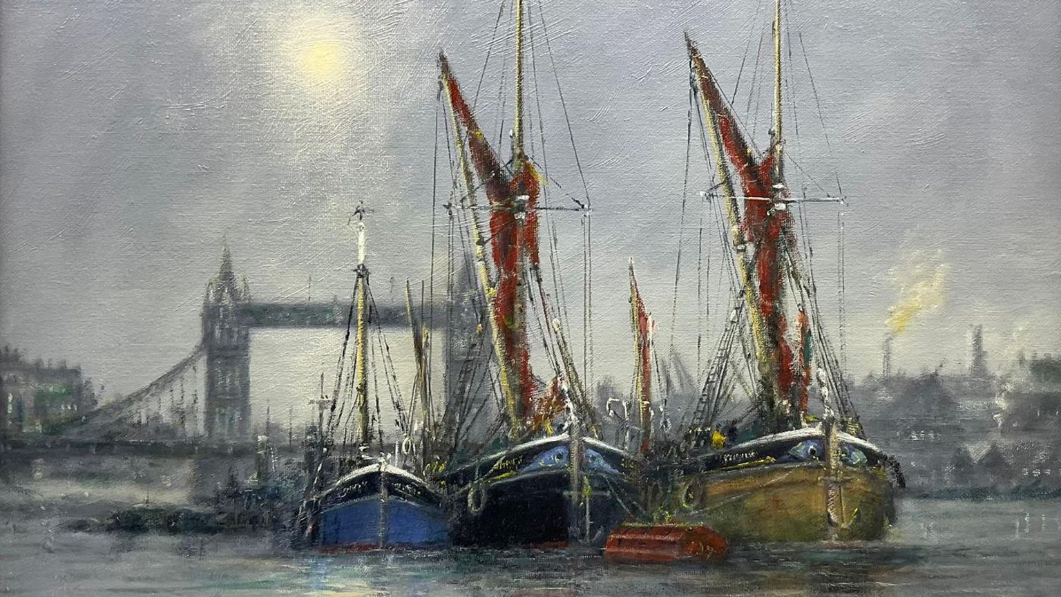 Oil painting of three tall ships next to each with Tower Bridge painted faintly in the far distance