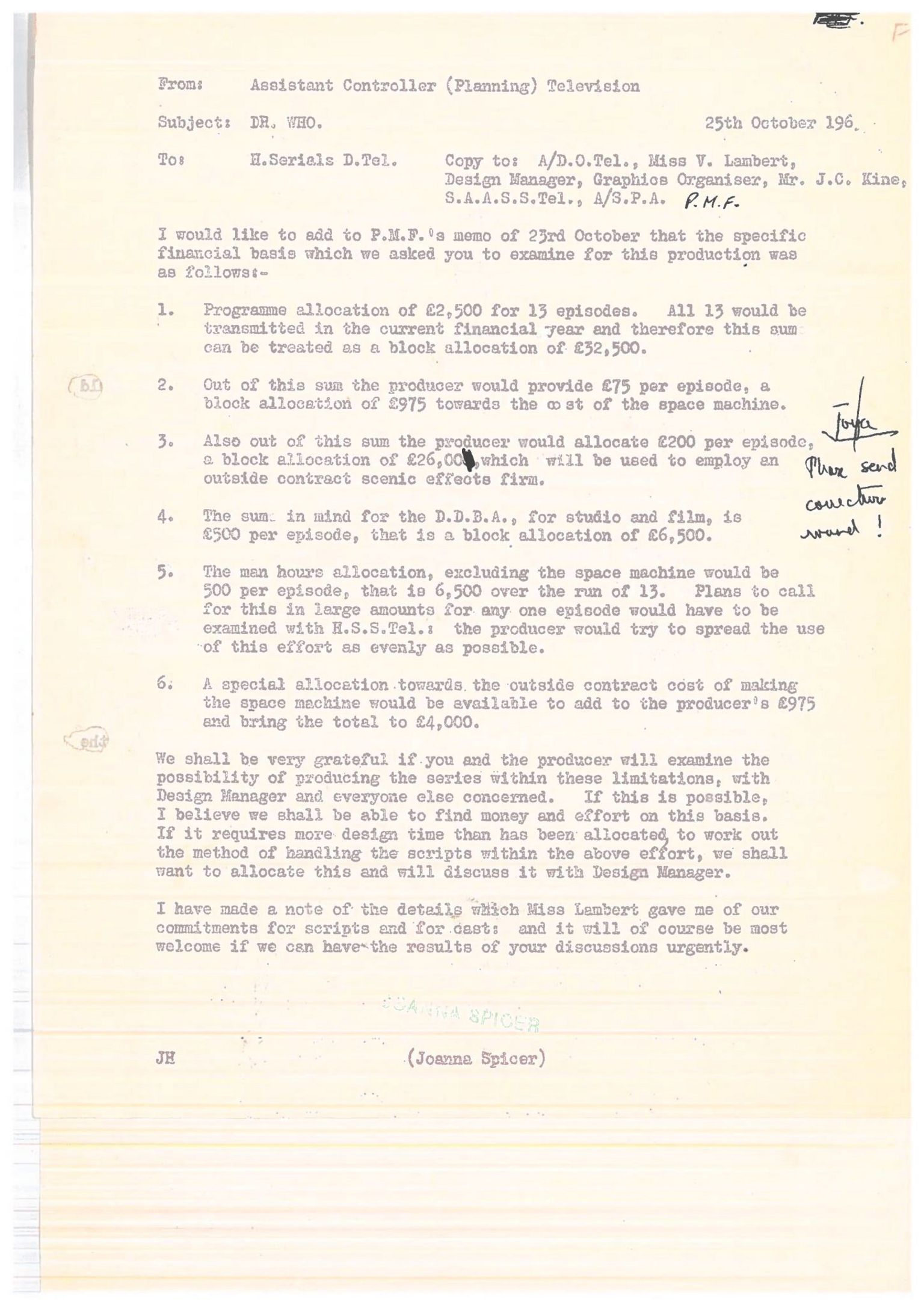A letter dated the 25th October 1963 from Assistant Controller of Television, Joanna Spicer