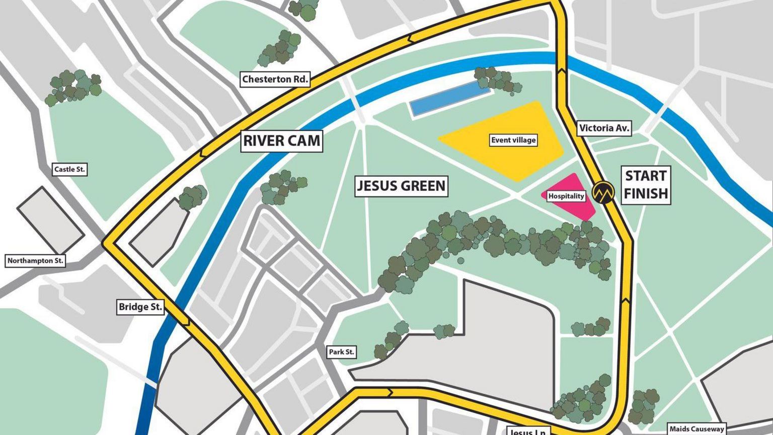 A map of a cycle route in Cambridge, with a yellow line indicating the route of the course around Jesus Green in Cambridge. 