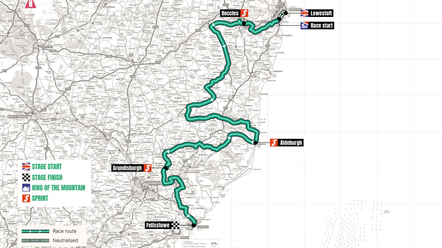 This is the 98.5-mile route the Tour of Britain Men cyclists will take through Suffolk