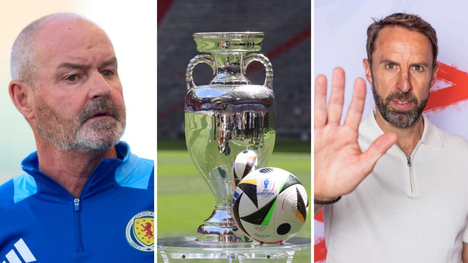 Scotland manager Steve Clarke, Euro 2024 trophy and England boss Gareth Southgate