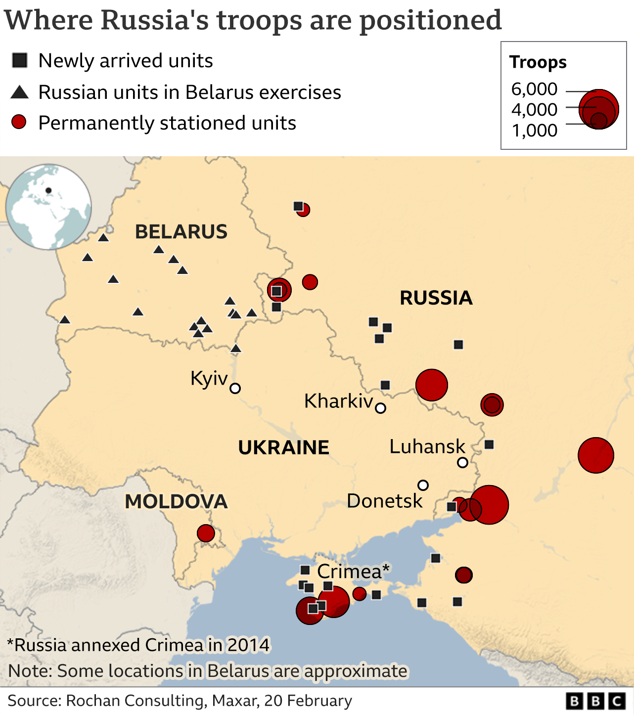 Map showing where Russian troops are positioned. Updated 20 Feb