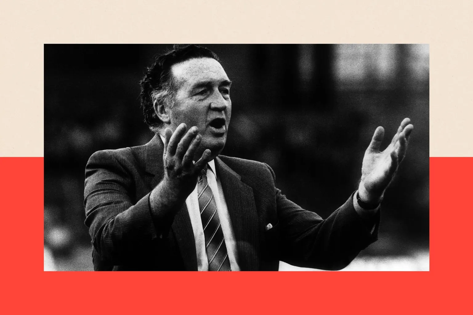 Daily Mirror/ Getty Images A black and white photo of Jock Stein with his hands raised
