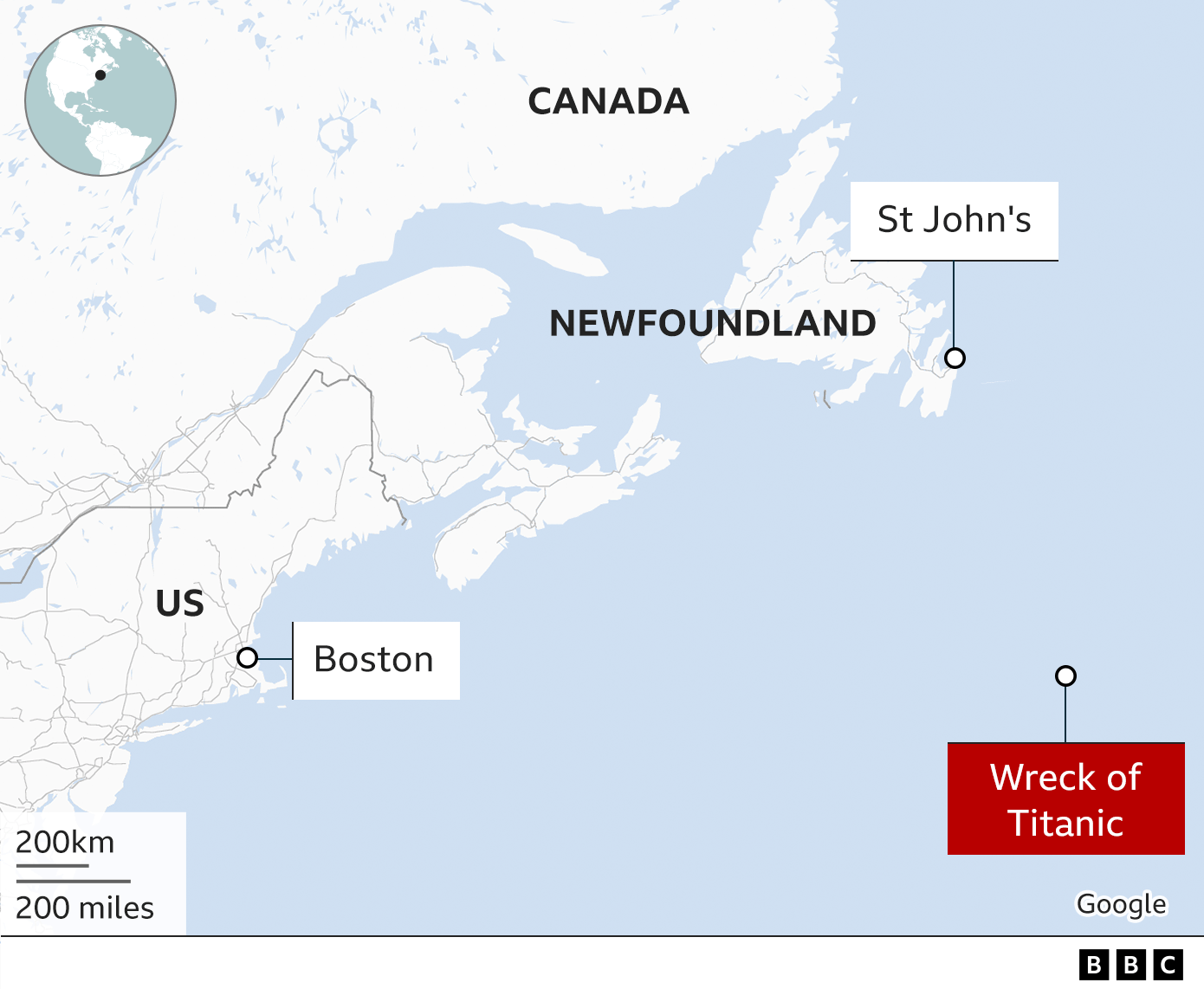 Map shows the location of the Titanic wreck