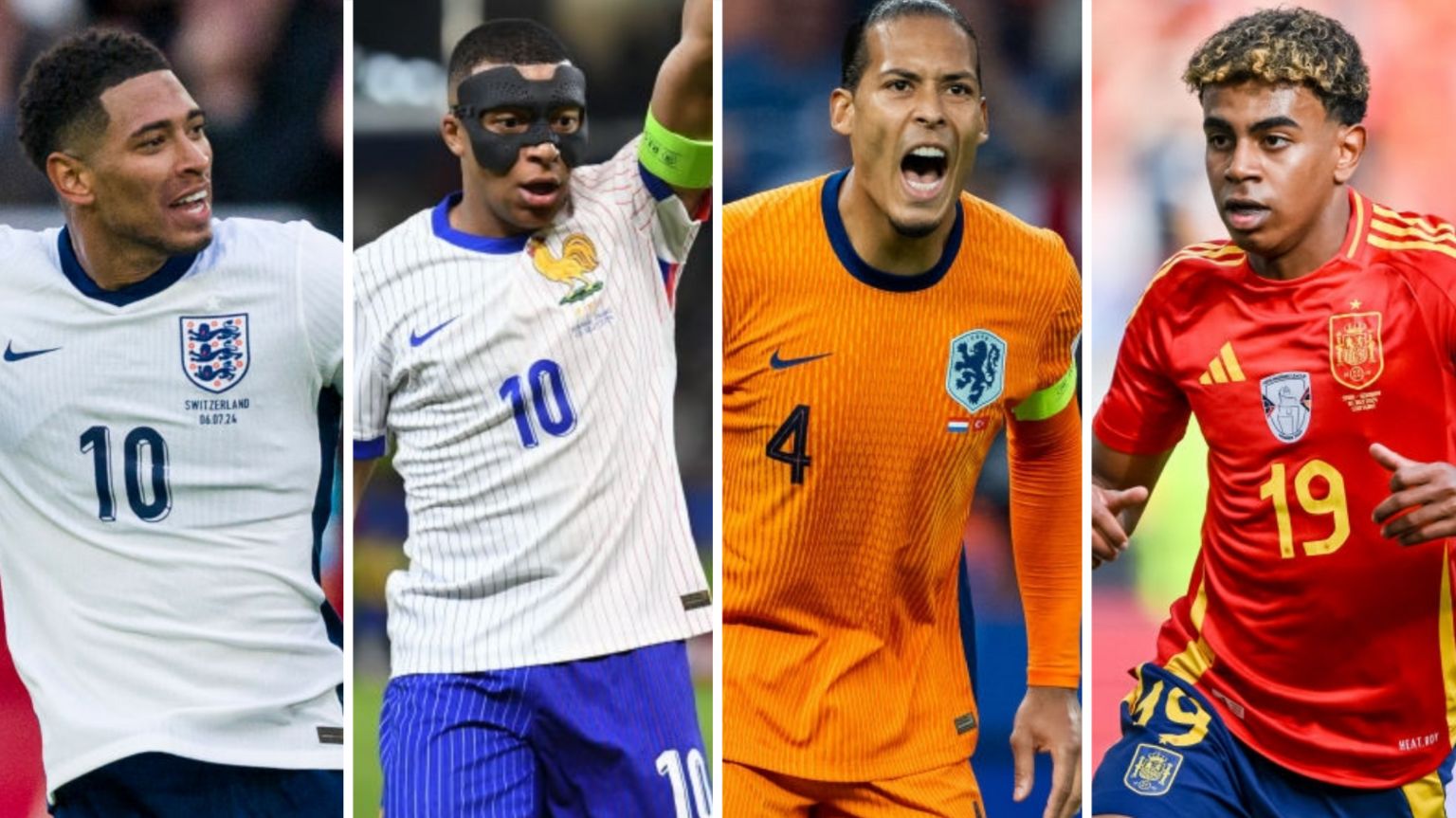 A split image of England's Jude Bellingham, France's Kylian Mbappe, Netherlands' Virgil van Dijk, Spain's Lamine Yamal