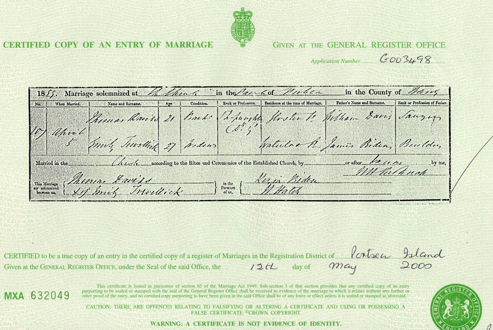 The marriage certificate of Emily Biden