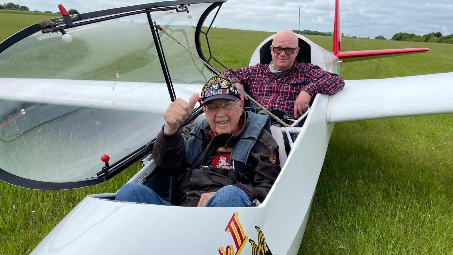 Casey Bukowski and his friend Jared Cummings in a plane in Essex