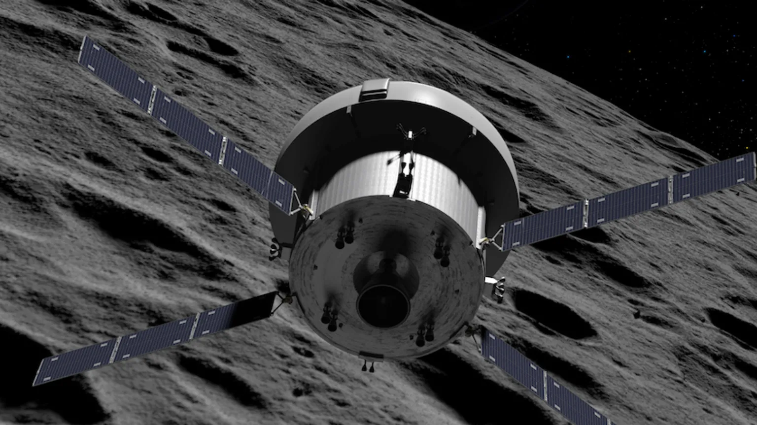 Illustration of the Orion spacecraft performing a lunar fly‑by on the Artemis II mission