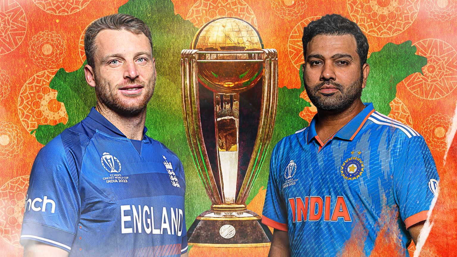 Jos Buttler, left, and Rohit Sharma with the World Cup trophy