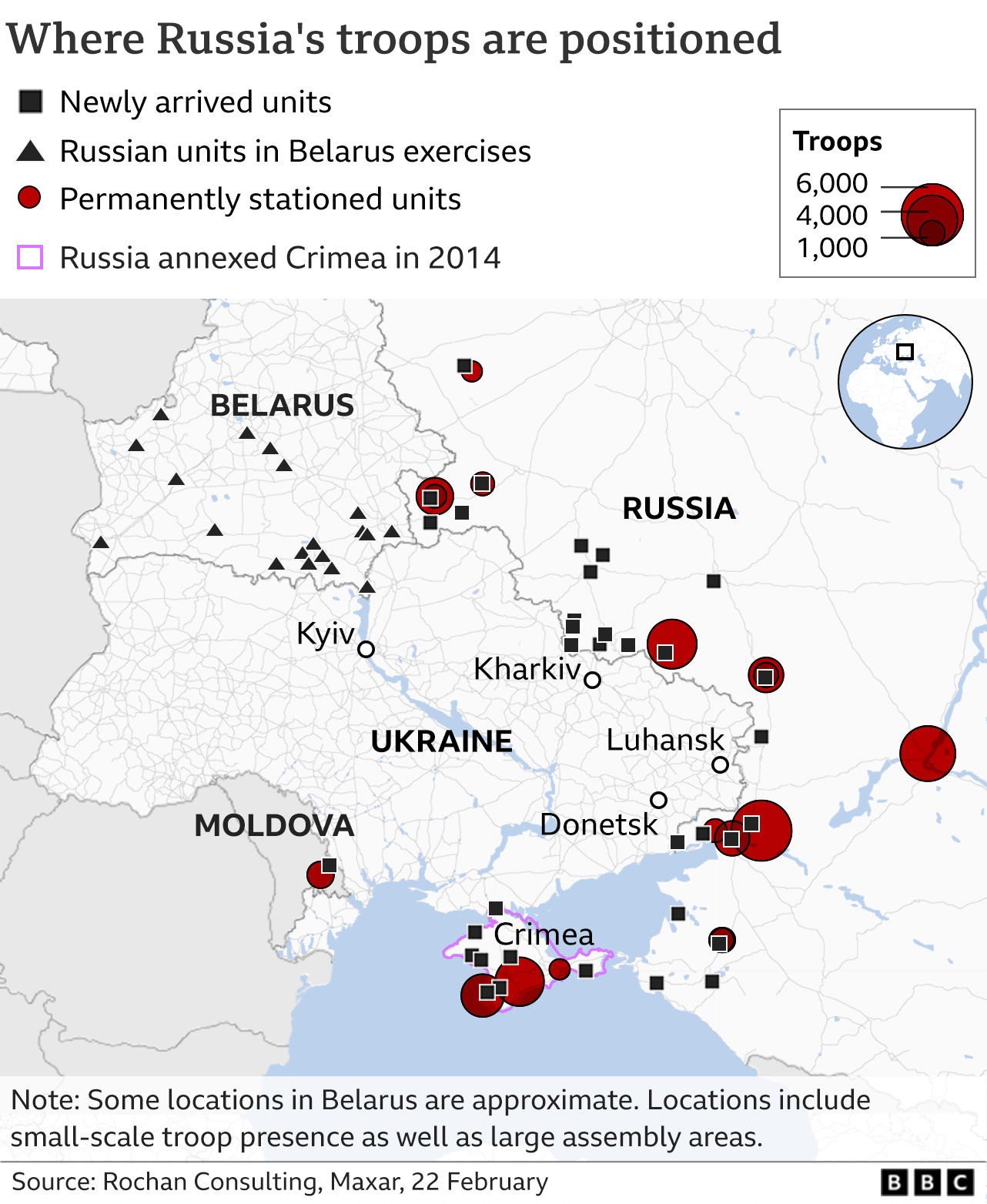 Graphic showing positioning of Russian troops on 22 Feb