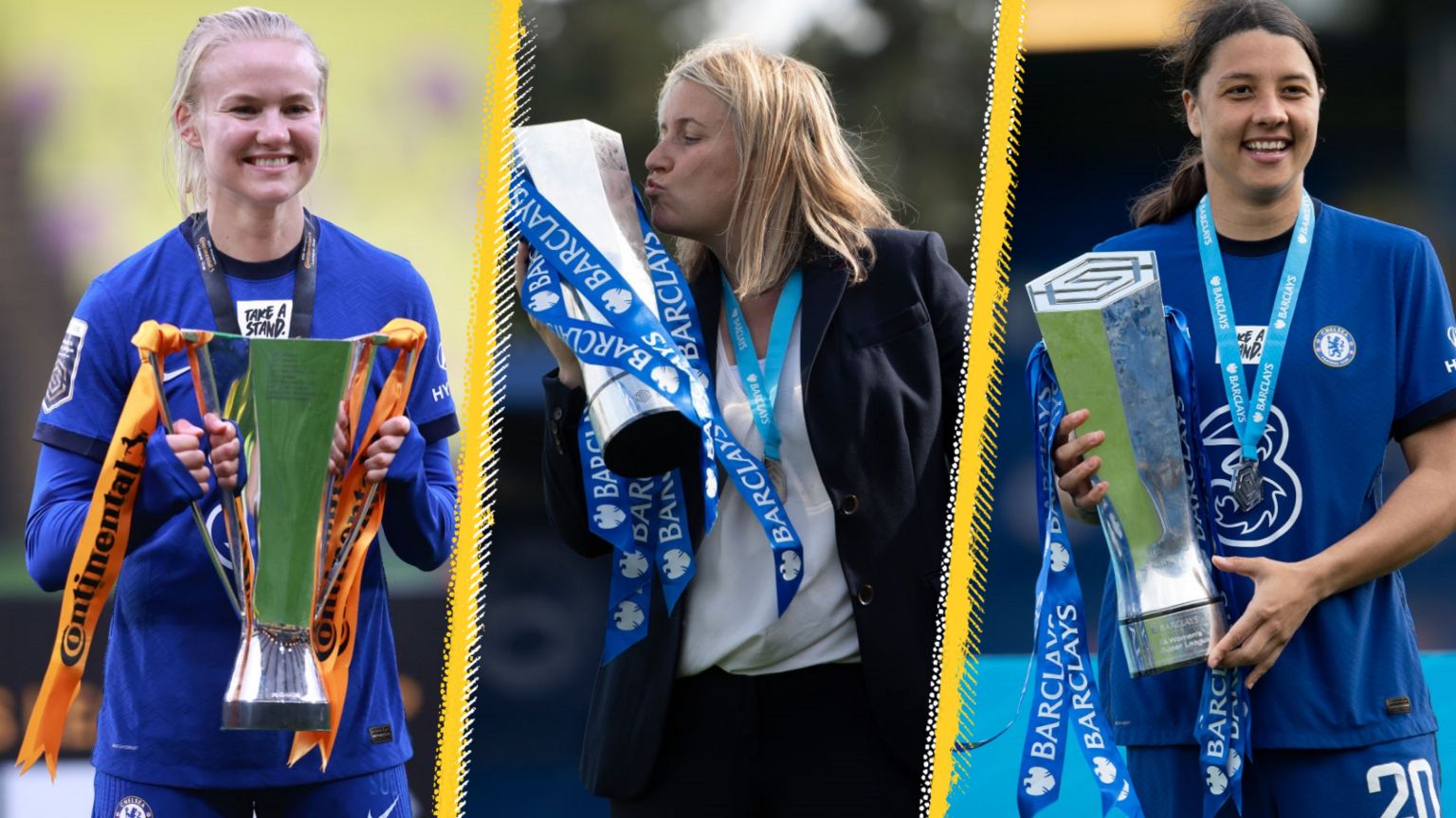 Pernille Harder, Emma Hayes and Sam Kerr with two of the four trophies won by Chelsea this season