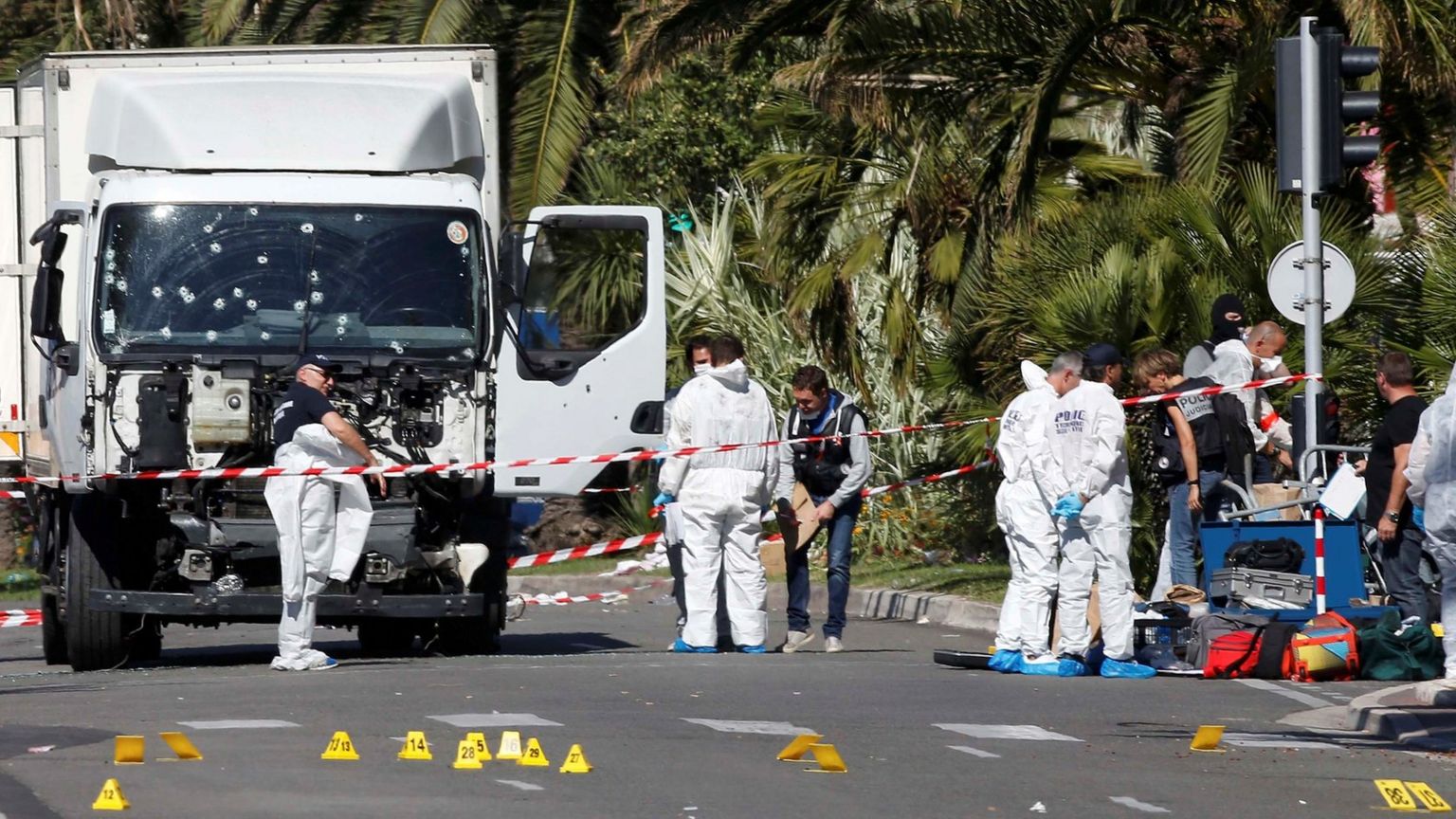 A lorry riddled with bullets after an attack in Nice, France
